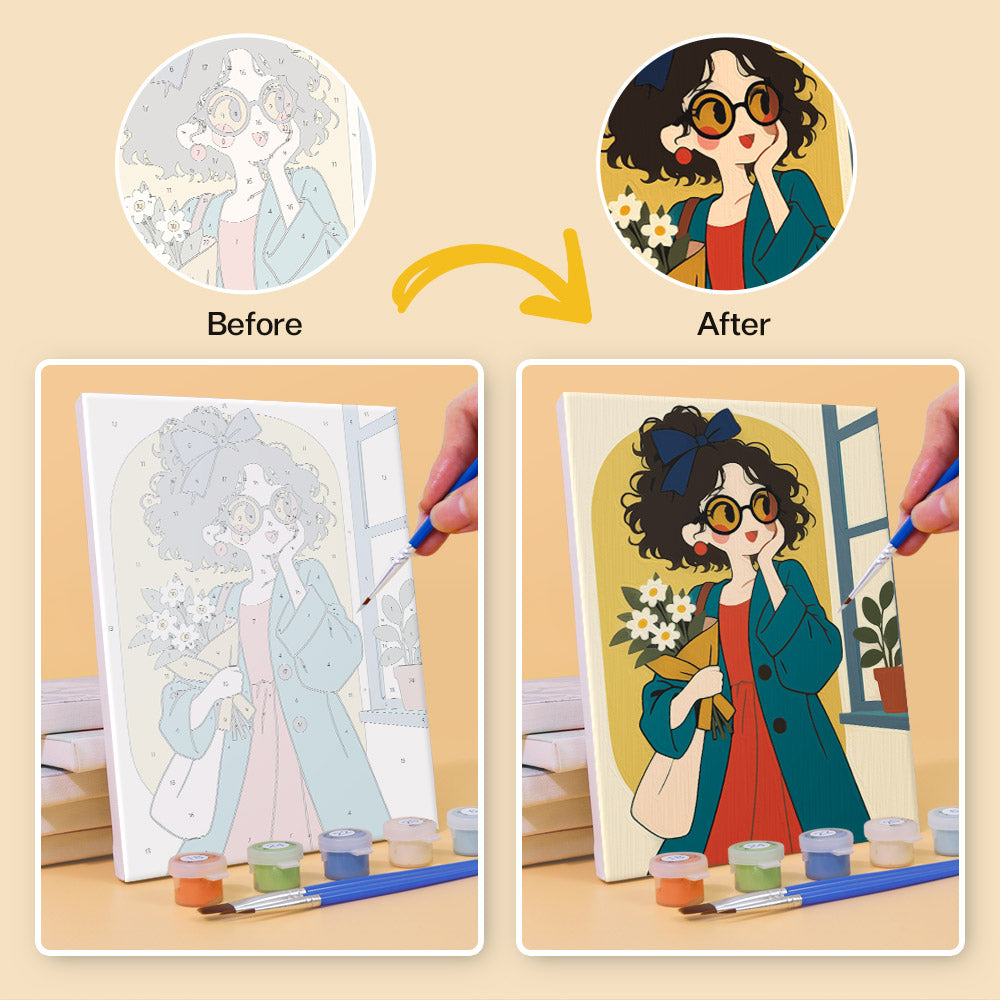 Before and after of a Retro Curls mini paint by numbers canvas