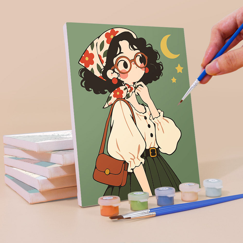Painting a Retro Curls mini canvas propped up beside numbered acrylic paints