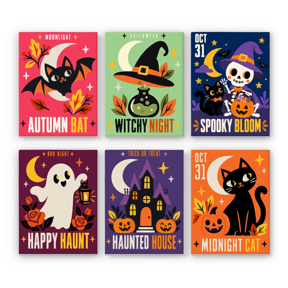 Retro Halloween Posters mini paint by numbers set: six retro posters reading Autumn Bat, Witchy Night, Spooky Bloom, Happy Haunt, Haunted House and Midnight Cat