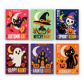 Retro Halloween Posters mini paint by numbers set: six retro posters reading Autumn Bat, Witchy Night, Spooky Bloom, Happy Haunt, Haunted House and Midnight Cat