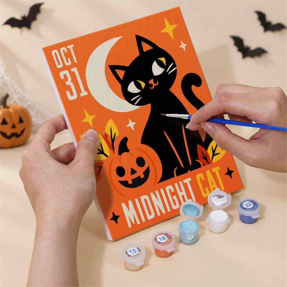 Numbered paint pots and brushes on a pre-stretched Retro Halloween Posters mini canvas