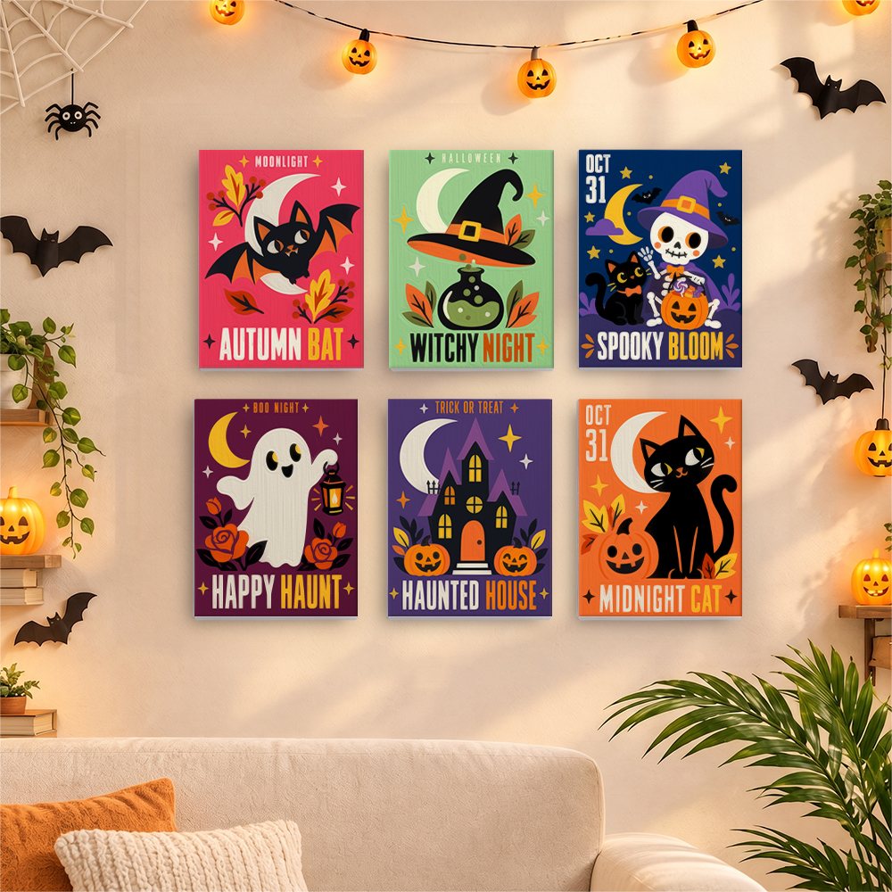 Before and after of a Retro Halloween Posters mini paint by numbers canvas