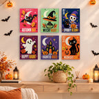 Painting a Retro Halloween Posters mini canvas propped up beside numbered acrylic paints