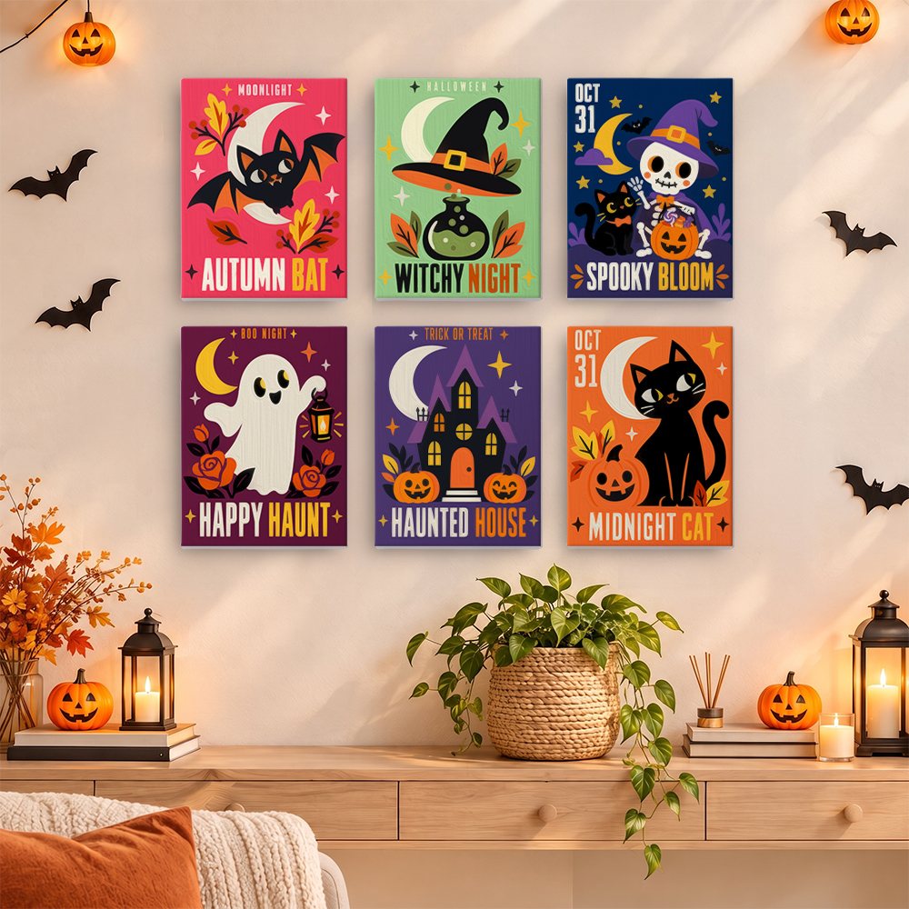 Painting a Retro Halloween Posters mini canvas propped up beside numbered acrylic paints