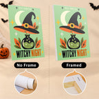 Six finished Retro Halloween Posters mini paintings hung on a wall above a table