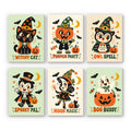 Retro Spooky Pals mini paint by numbers set: six retro Halloween prints labeled Witchy Cat, Pumpkin Party, Owl Spell, Spooky Pal, Moon Magic and Boo Buddy