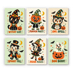 Retro Spooky Pals mini paint by numbers set: six retro Halloween prints labeled Witchy Cat, Pumpkin Party, Owl Spell, Spooky Pal, Moon Magic and Boo Buddy