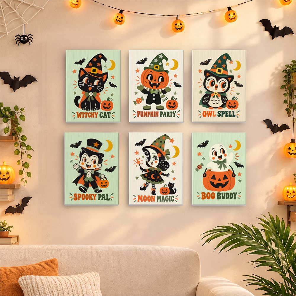 Six finished Retro Spooky Pals mini paintings hung on a wall above a table