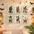Six finished Retro Spooky Pals mini paintings hung on a wall above a table