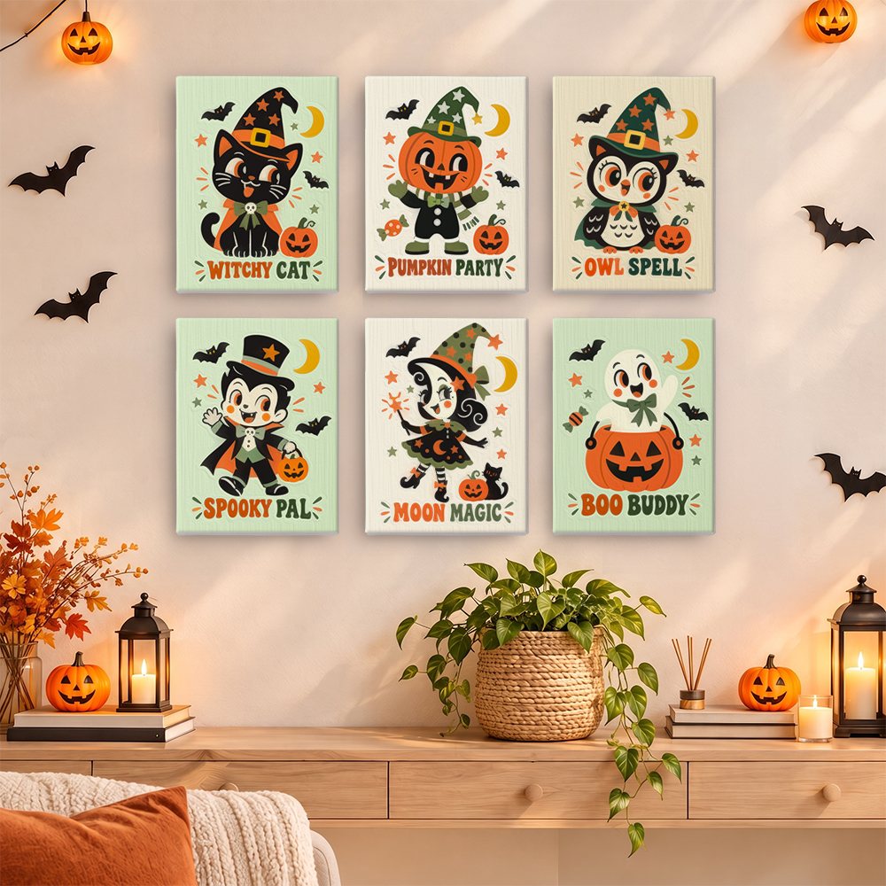 Retro Spooky Pals mini paintings displayed as a gallery wall in a sunny kitchen