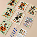 Retro Spooky Pals mini paint by numbers kit with six numbered canvases, acrylic paints, brushes and layout