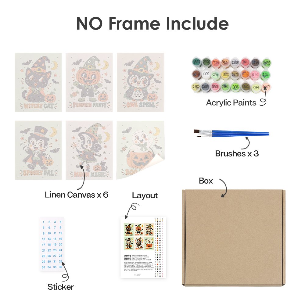 What's included without a frame: six rolled Retro Spooky Pals mini canvases, acrylic paints, three brushes and layout