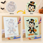 Before and after of a Retro Spooky Pals mini paint by numbers canvas