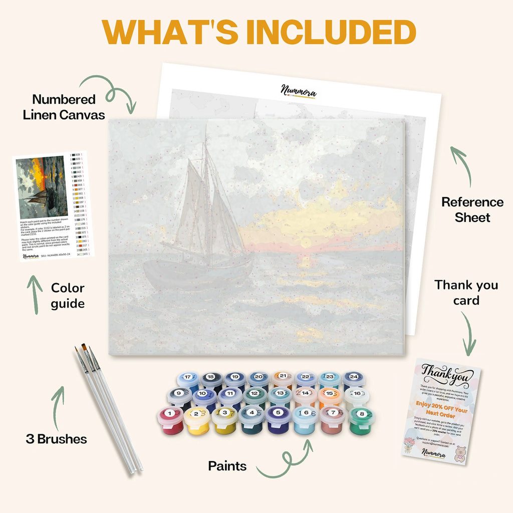What's included in the Return to Shore paint by numbers kit: numbered linen canvas, reference sheet, color guide, 24 acrylic paints, 3 brushes and thank you card