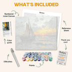 What's included in the Return to Shore paint by numbers kit: numbered linen canvas, reference sheet, color guide, 24 acrylic paints, 3 brushes and thank you card