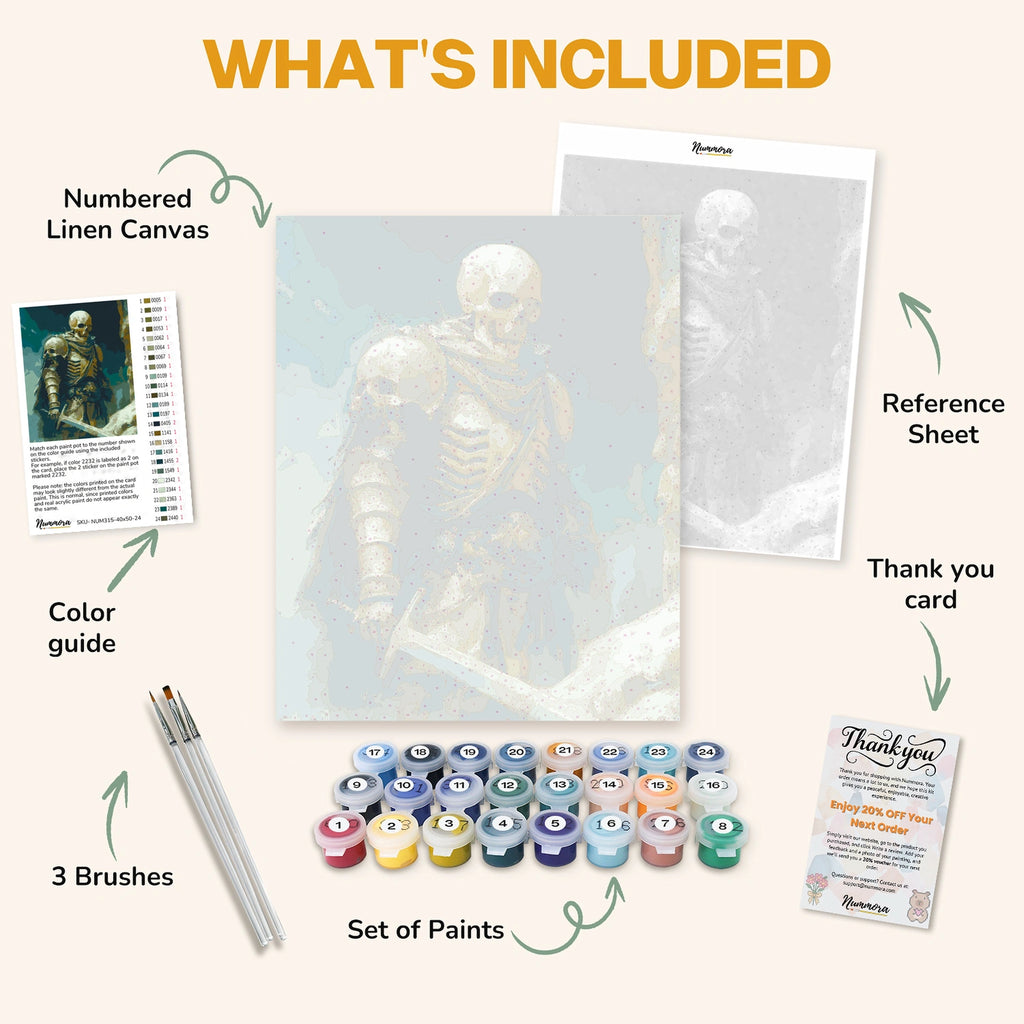 What's included in the Revenant Knight paint by numbers kit: numbered linen canvas, reference sheet, color guide, 24 acrylic paints, 3 brushes and thank you card