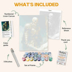 What's included in the Revenant Knight paint by numbers kit: numbered linen canvas, reference sheet, color guide, 24 acrylic paints, 3 brushes and thank you card