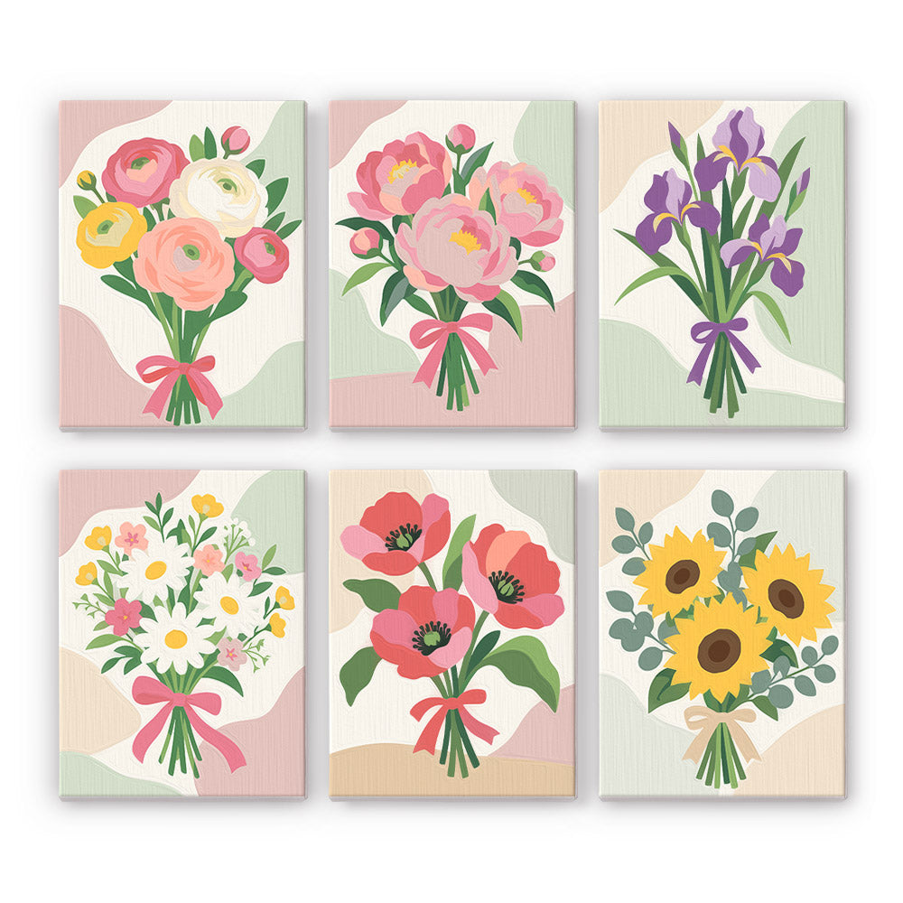 Ribbon Bouquets mini paint by numbers set: six ribbon-tied bouquets of ranunculus, peonies, irises, daisies, poppies and sunflowers