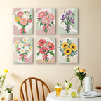 Ribbon Bouquets mini paintings displayed as a gallery wall in a sunny kitchen