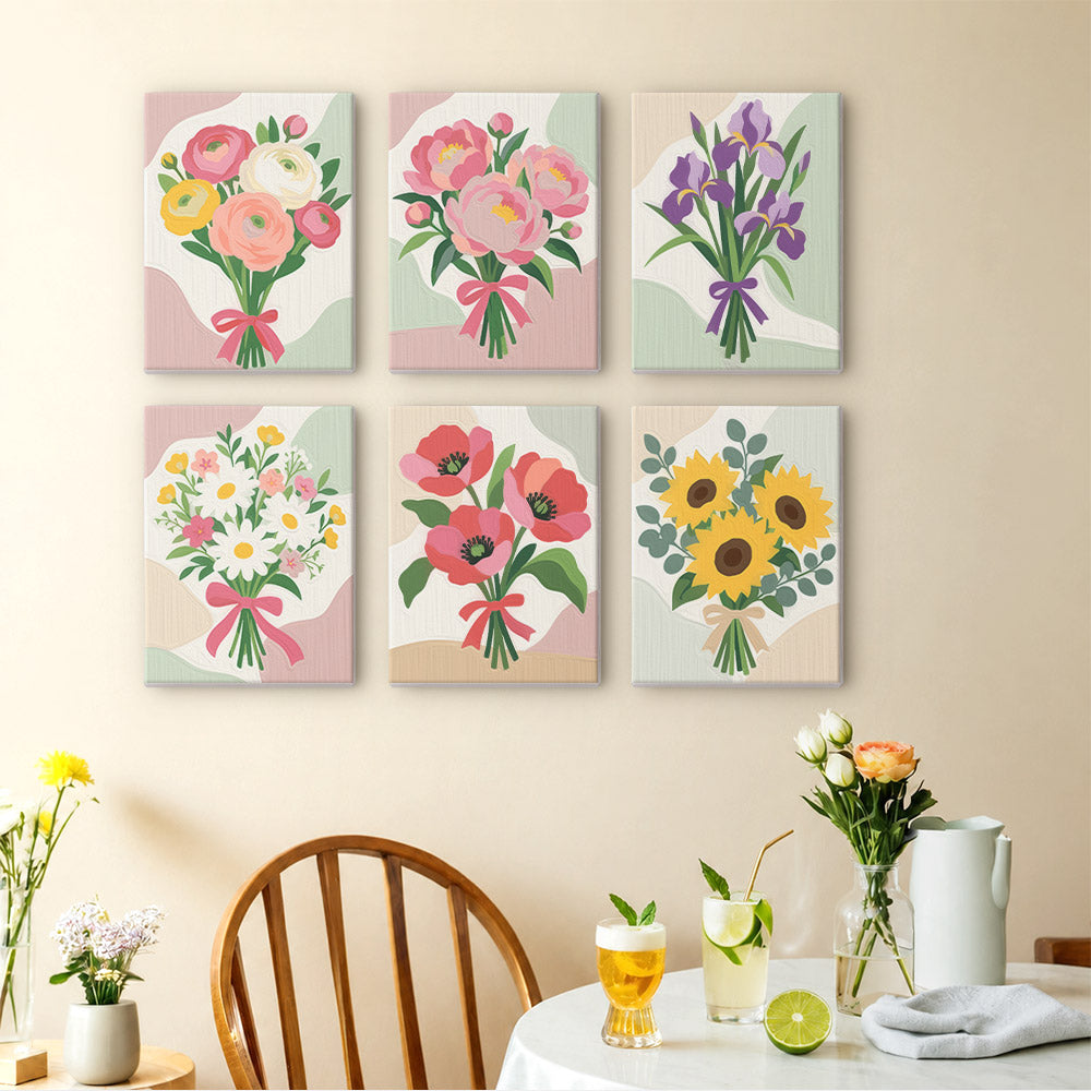 Ribbon Bouquets mini paintings displayed as a gallery wall in a sunny kitchen