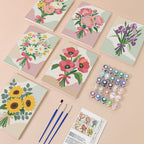 Ribbon Bouquets mini paint by numbers kit with six numbered canvases, acrylic paints, brushes and layout