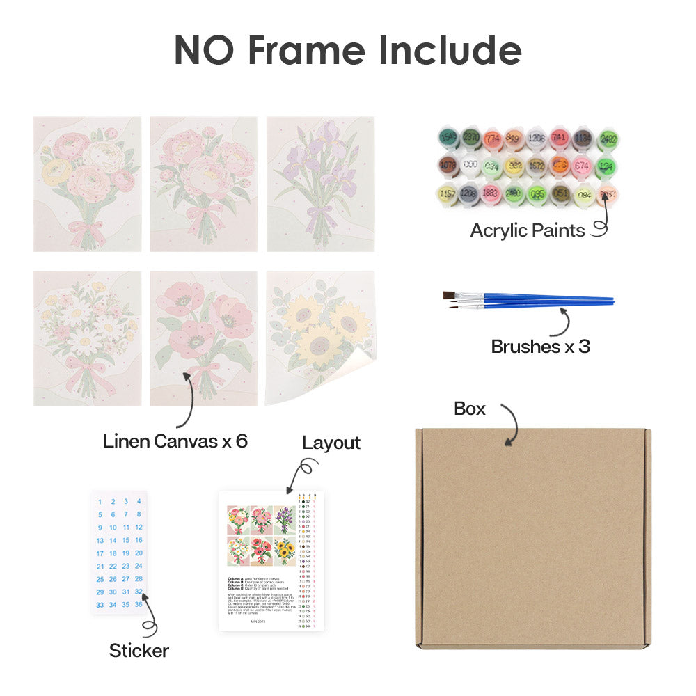 What's included without a frame: six rolled Ribbon Bouquets mini canvases, acrylic paints, three brushes and layout