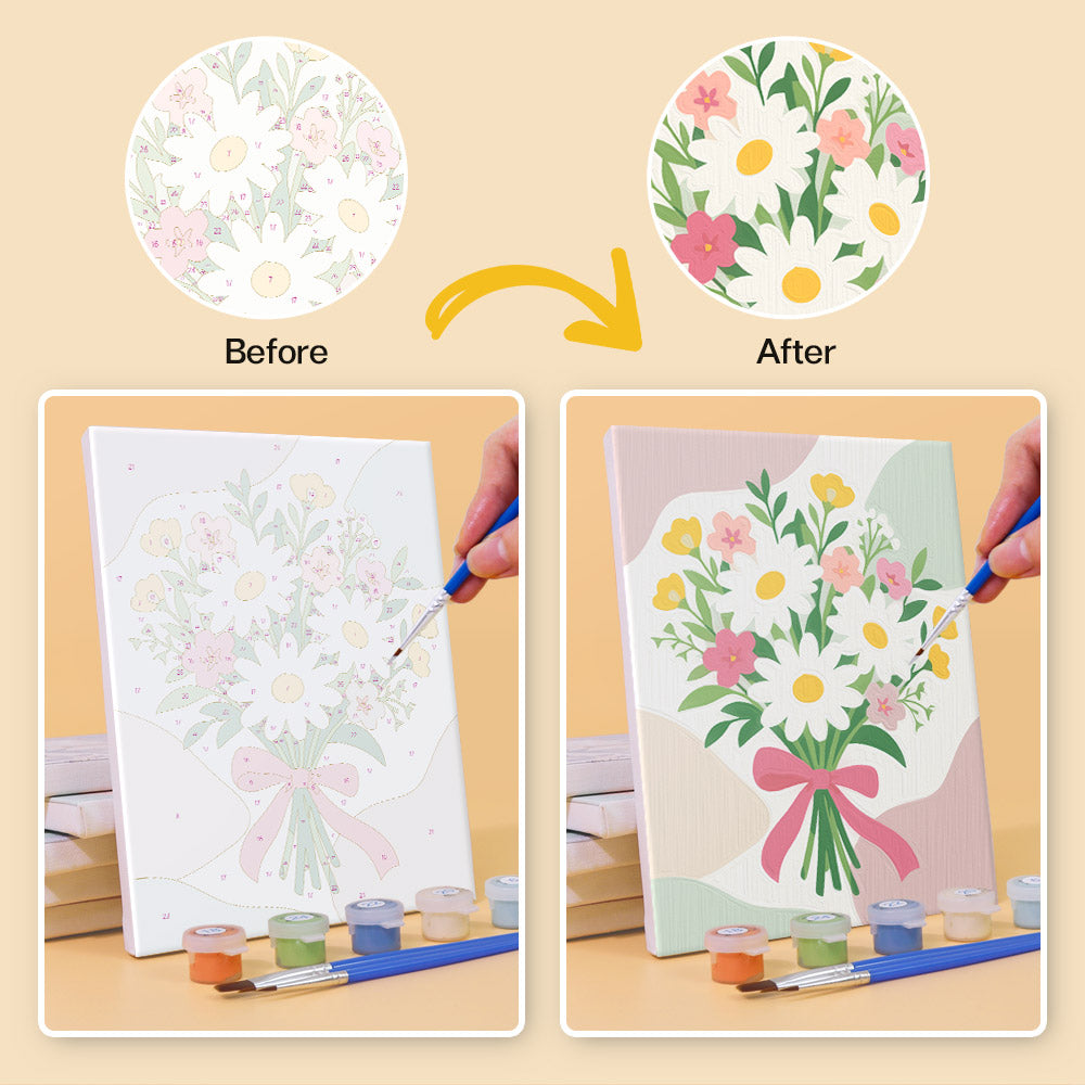 Before and after of a Ribbon Bouquets mini paint by numbers canvas