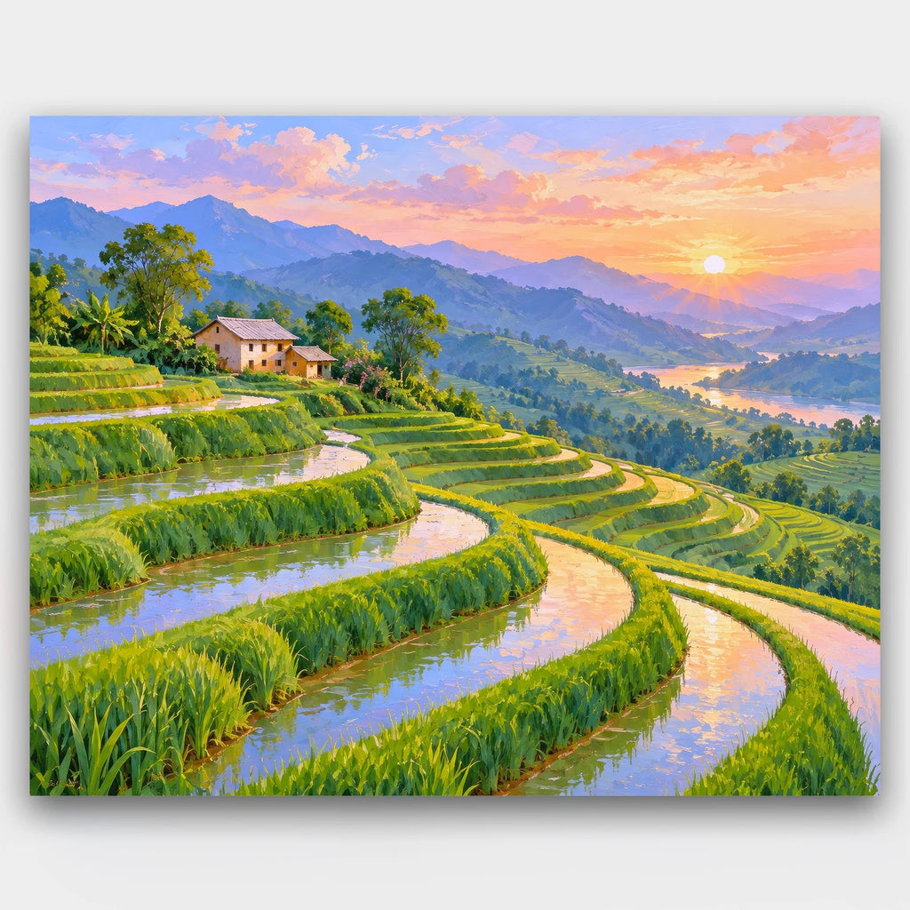 Rice Terraces at Sunrise paint by numbers kit of green rice terraces curving down a hillside at sunrise with a small farmhouse