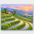 Rice Terraces at Sunrise paint by numbers kit of green rice terraces curving down a hillside at sunrise with a small farmhouse
