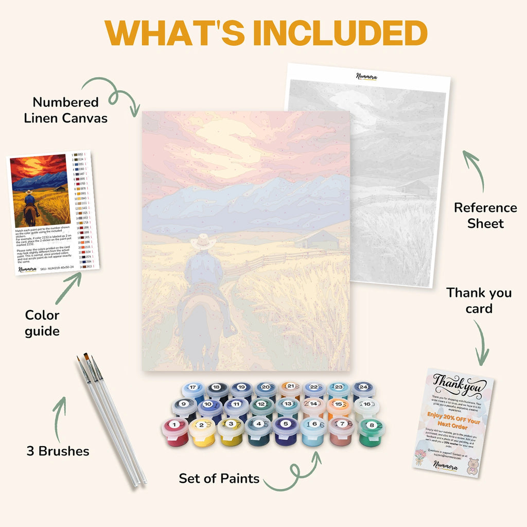 What's included in the Rider's Horizon paint by numbers kit: numbered linen canvas, reference sheet, color guide, 24 acrylic paints, 3 brushes and thank you card