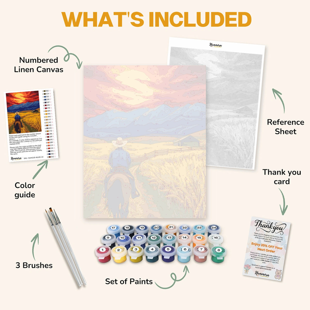 What's included in the Rider's Horizon paint by numbers kit: numbered linen canvas, reference sheet, color guide, 24 acrylic paints, 3 brushes and thank you card