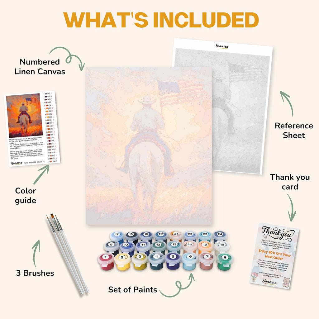 What's included in the Riding into Freedom paint by numbers kit: numbered linen canvas, reference sheet, color guide, 24 acrylic paints, 3 brushes and thank you card