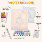 What's included in the Riding into Freedom paint by numbers kit: numbered linen canvas, reference sheet, color guide, 24 acrylic paints, 3 brushes and thank you card