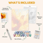 What's included in the Rise of the Phoenix paint by numbers kit: numbered linen canvas, reference sheet, color guide, 24 acrylic paints, 3 brushes and thank you card