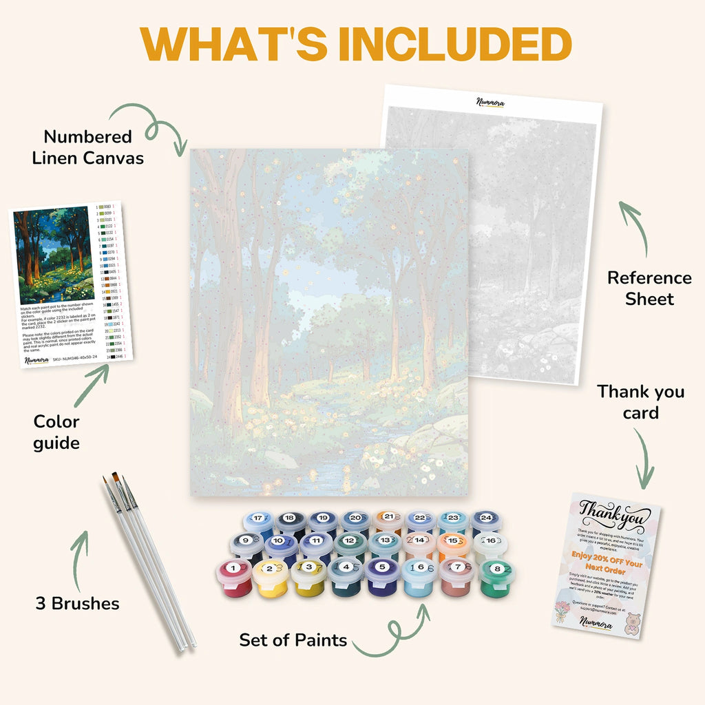 What's included in the River of Starlight paint by numbers kit: numbered linen canvas, reference sheet, color guide, 24 acrylic paints, 3 brushes and thank you card