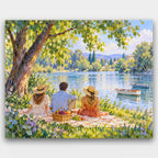 Riverside Picnic paint by numbers kit of three friends picnicking under a tree by a river with small boats, seen from behind