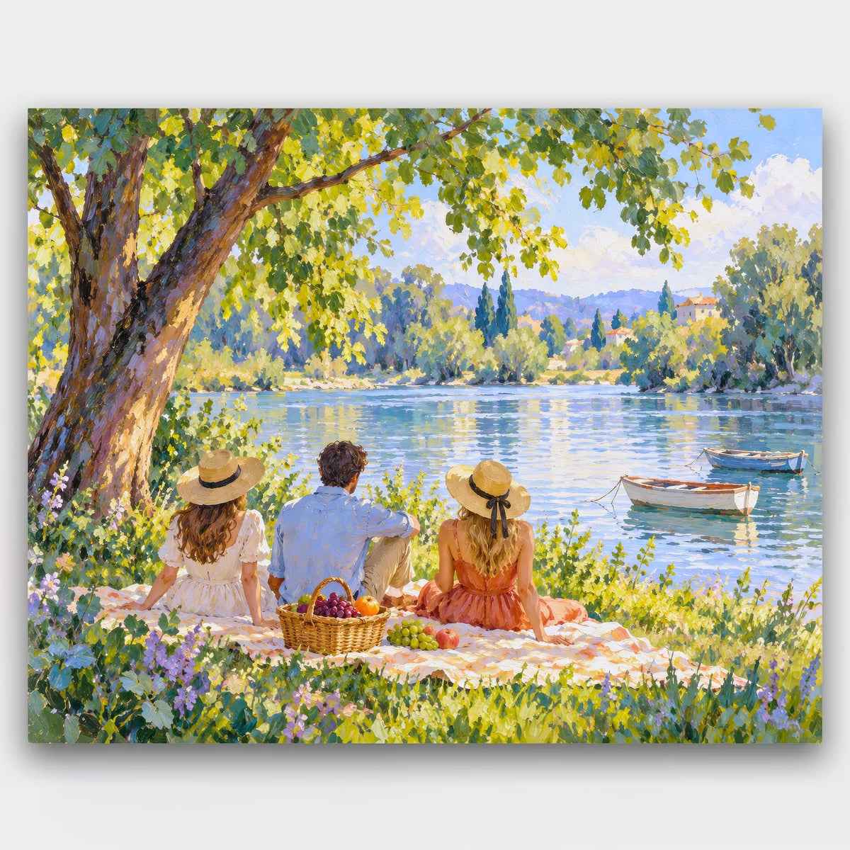 Riverside Picnic paint by numbers kit of three friends picnicking under a tree by a river with small boats, seen from behind