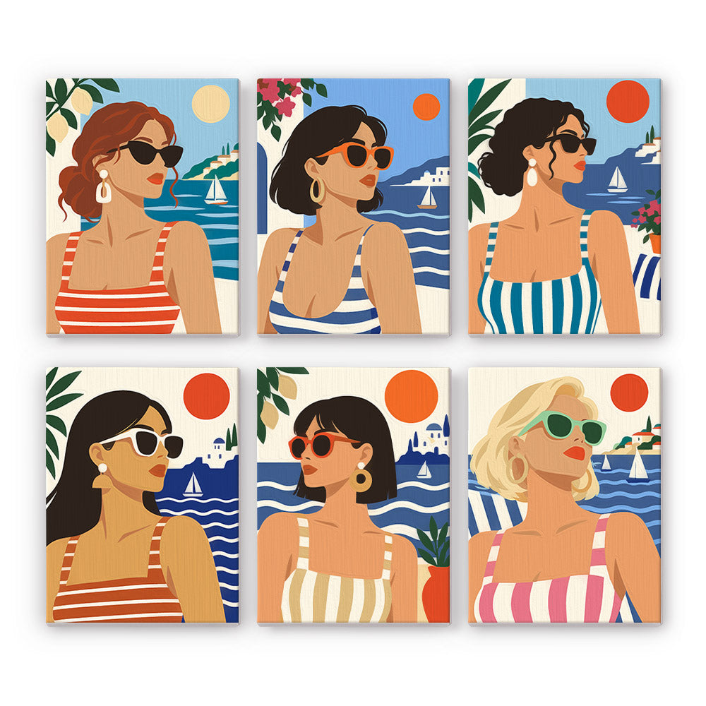 Riviera Chic mini paint by numbers set: six women in sunglasses and striped swimsuits by the Mediterranean sea