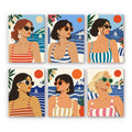 Riviera Chic mini paint by numbers set: six women in sunglasses and striped swimsuits by the Mediterranean sea