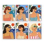 Riviera Chic mini paint by numbers set: six women in sunglasses and striped swimsuits by the Mediterranean sea