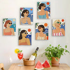 Six finished Riviera Chic mini paintings hung on a wall above a table