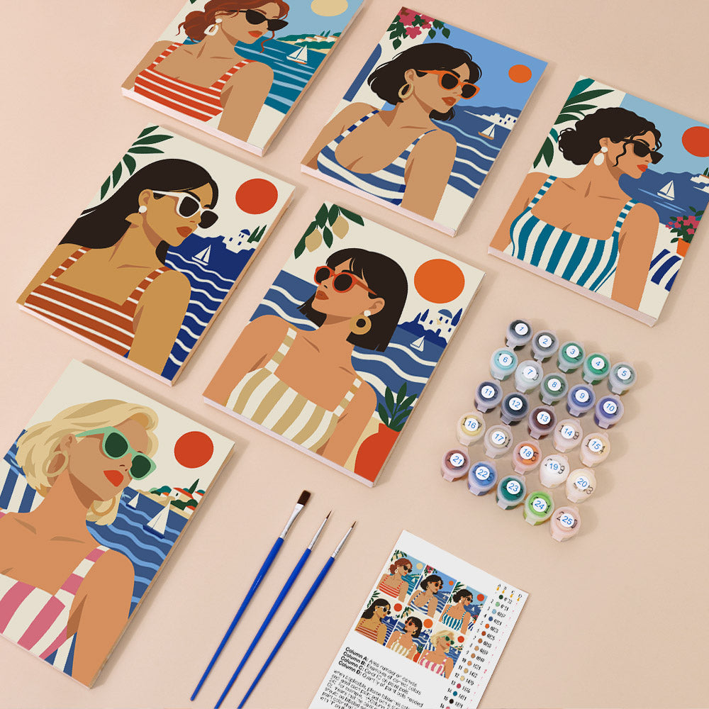 Riviera Chic mini paint by numbers kit with six numbered canvases, acrylic paints, brushes and layout