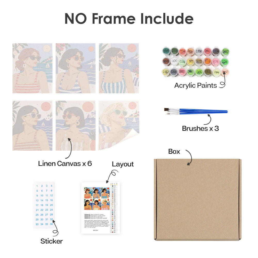 What's included without a frame: six rolled Riviera Chic mini canvases, acrylic paints, three brushes and layout