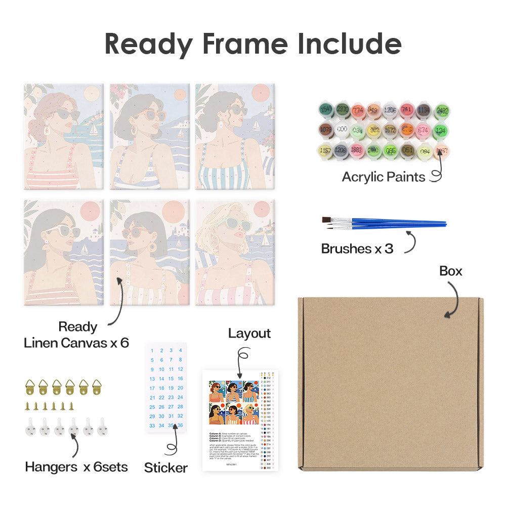What's included pre-stretched on frame: six framed Riviera Chic mini canvases, paints, three brushes, hangers and layout