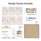 What's included pre-stretched on frame: six framed Riviera Chic mini canvases, paints, three brushes, hangers and layout