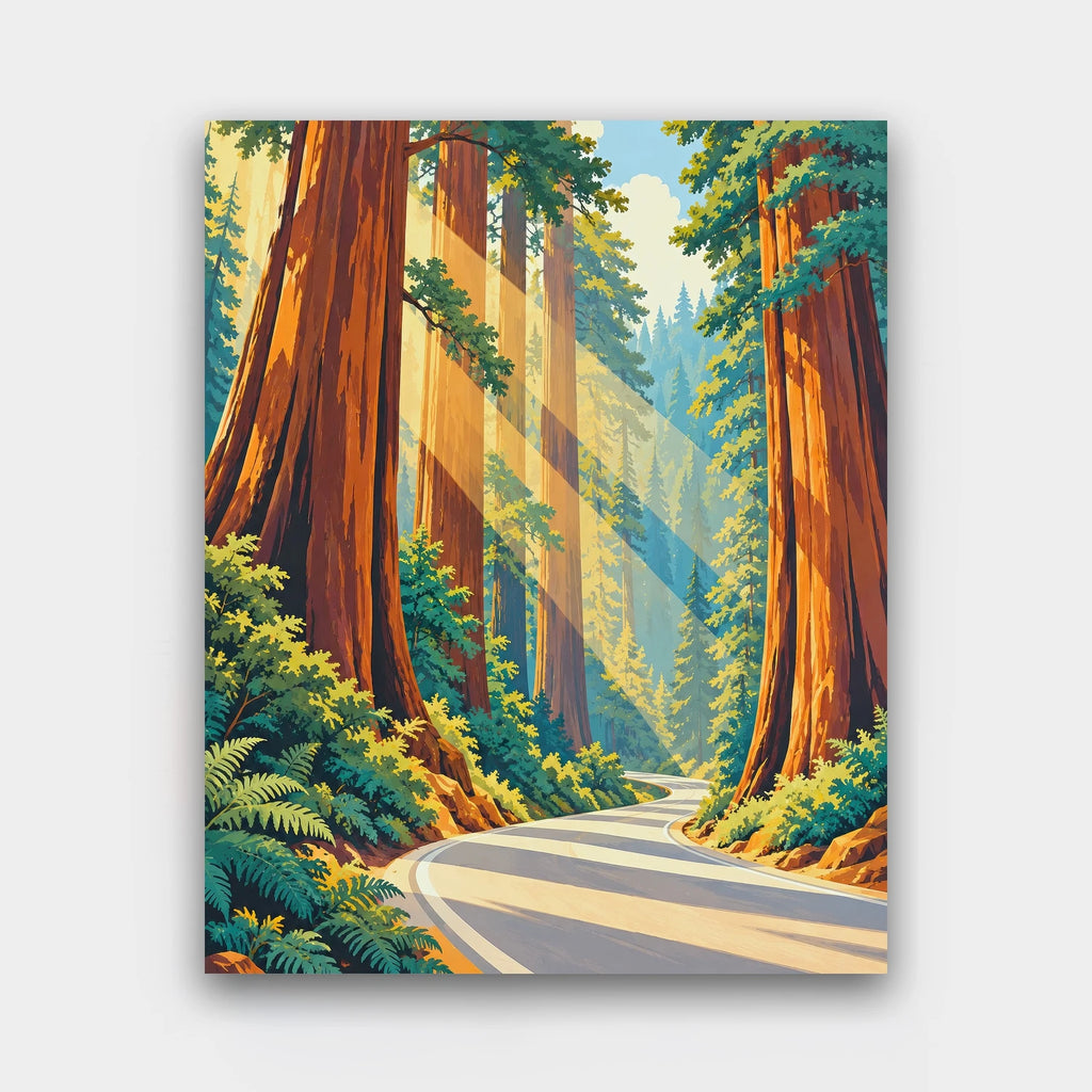 Road Through the Redwoods paint by numbers kit of a road winding through giant redwood trees with sun rays in vintage poster style