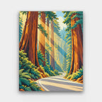 Road Through the Redwoods paint by numbers kit of a road winding through giant redwood trees with sun rays in vintage poster style