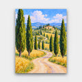 Road to the Villa paint by numbers kit of a winding country road lined with tall cypress trees leading to a hilltop villa