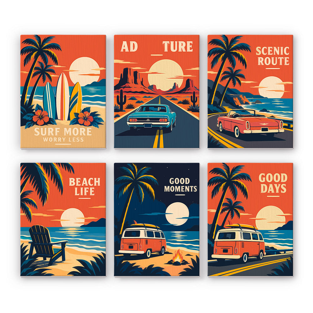 Road Trip Posters mini paint by numbers set: six designs of retro surf vans, desert roads, scenic routes and beaches