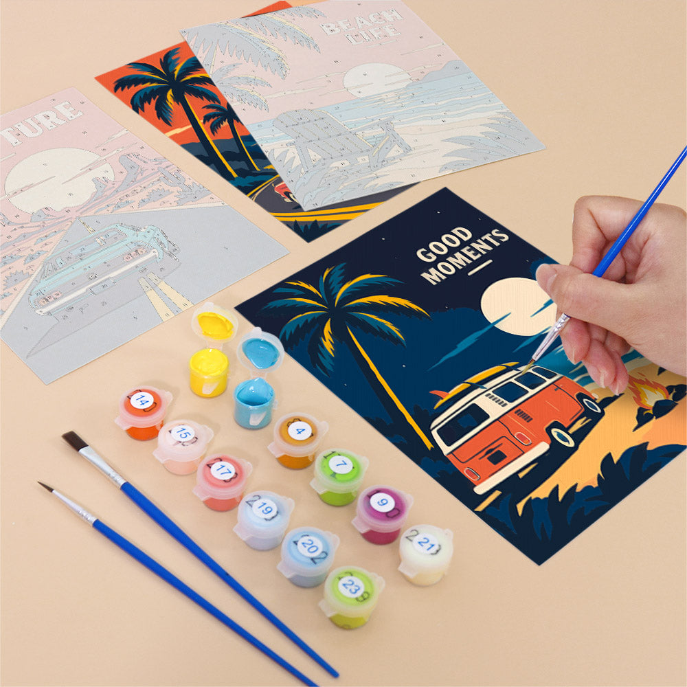 Filling in a Road Trip Posters mini canvas with numbered acrylic paints and a fine brush